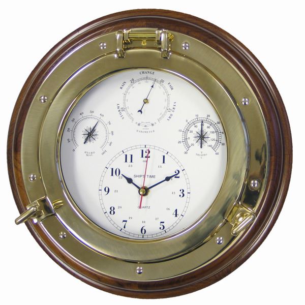 Meridian Zero Porthole Weatherman - Clock / Barometer / Hygrometer / Thermometer - Wooden Mount