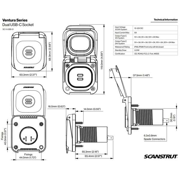 Scanstrut Ventura Series SC-V-USB-01 - Dual USB-C Socket - Image 5