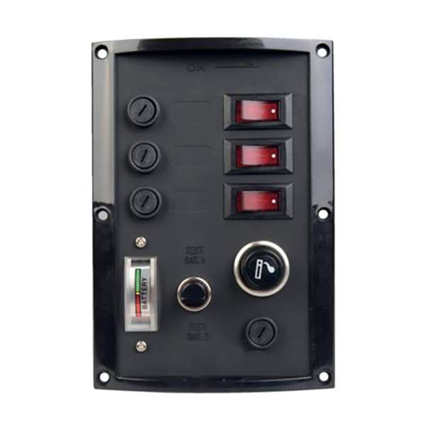 Talamex 12v 3 Way Switch Panel With Battery Gauge and Cigar Lighter